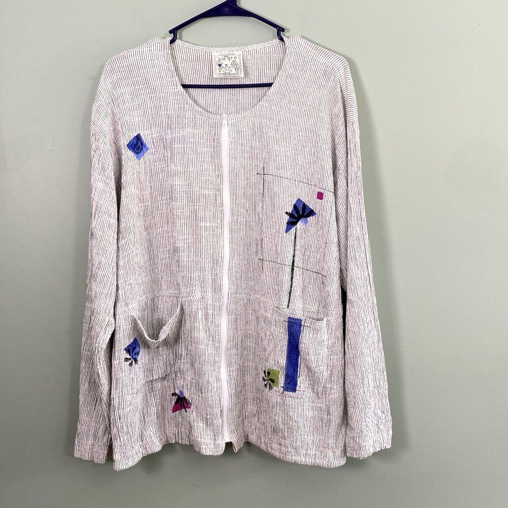 Play Alegre Hand Painted Top Womens Medium Gauzy Cotton Linen Zip Up Art VTG